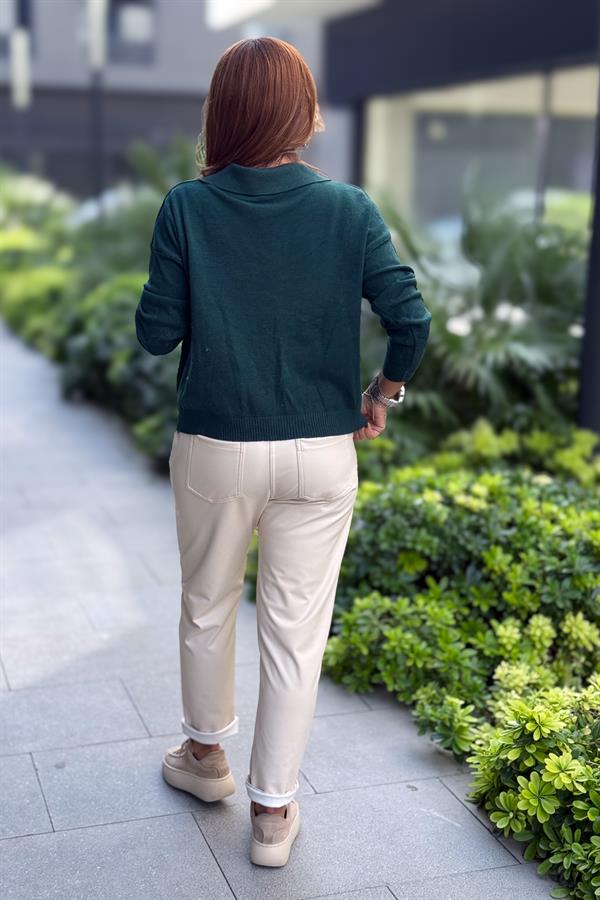 Gold Düğmeli Yakalı Triko Hırka Kazak Nefti Yeşil Renk