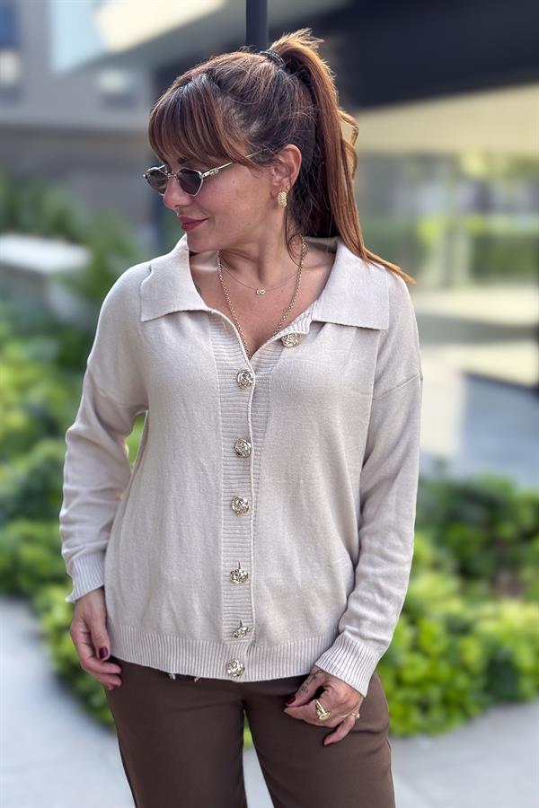 Gold Düğmeli Yakalı Triko Hırka Kazak Bej Renk