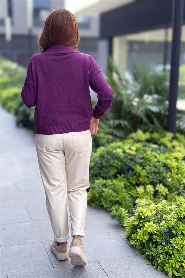 Gold Düğmeli Yakalı Triko Hırka Kazak Mürdüm Renk