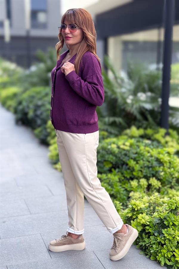 Gold Düğmeli Yakalı Triko Hırka Kazak Mürdüm Renk