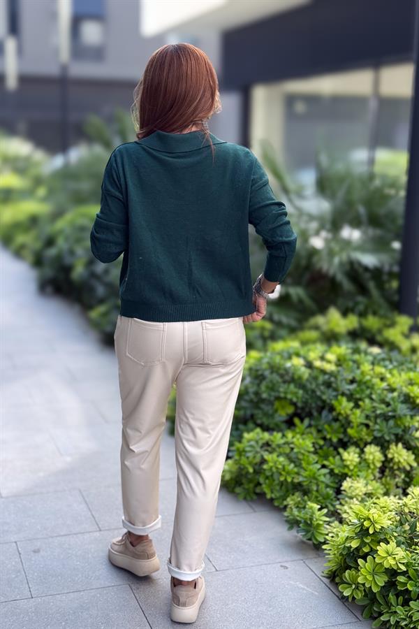 Gold Düğmeli Yakalı Triko Hırka Kazak Nefti Yeşil Renk