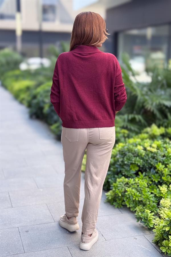 Gold Düğmeli Yakalı Triko Hırka Kazak Bordo Renk