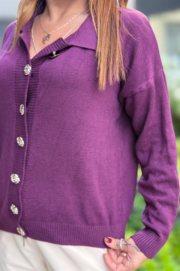 Gold Düğmeli Yakalı Triko Hırka Kazak Mürdüm Renk