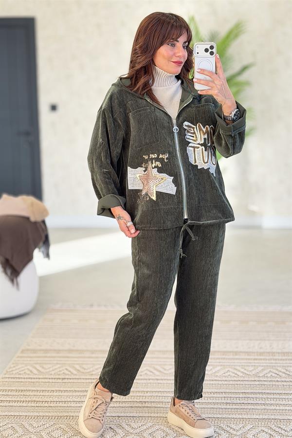 Gold Lak Yazılı Cepli Fitilsiz Kapüşonlu Kadife Ceket Haki Renk