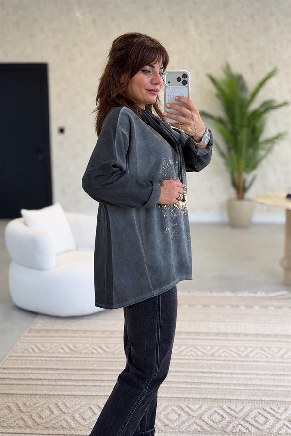 Gold Laklı Kapüşonlu Yıkamalı Sweet Antresit Renk