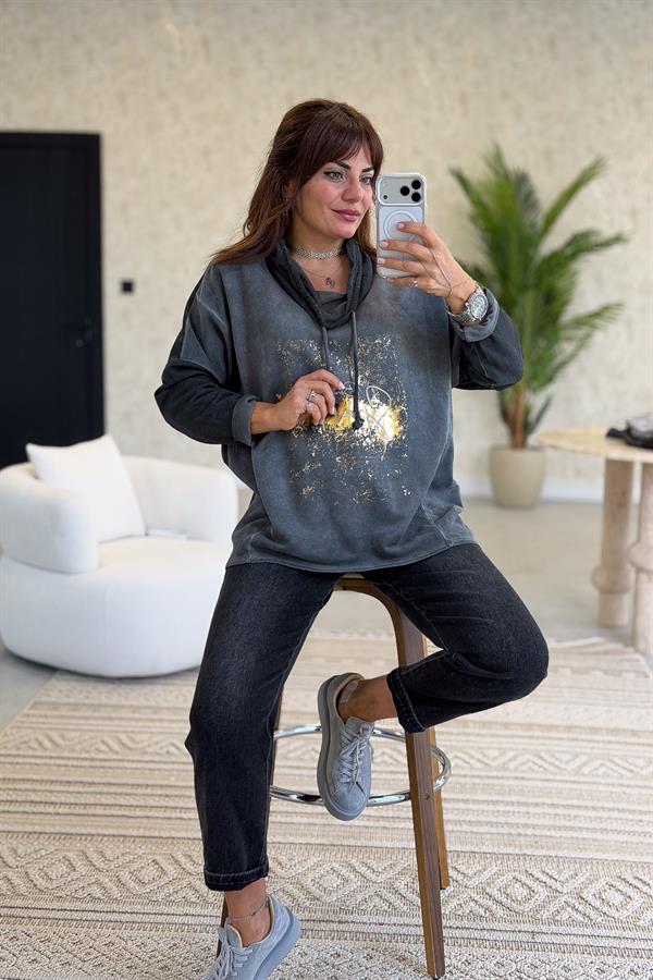 Gold Laklı Kapüşonlu Yıkamalı Sweet Antresit Renk