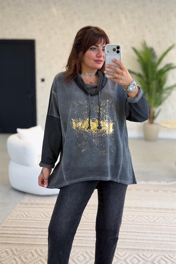 Gold Laklı Kapüşonlu Yıkamalı Sweet Antresit Renk