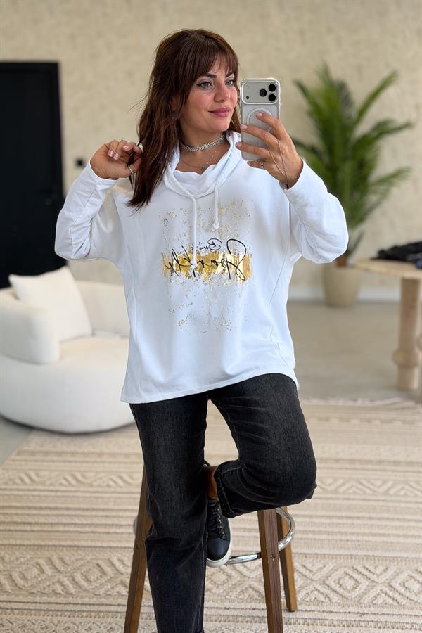 Gold Laklı Kapüşonlu Yıkamalı Sweet Beyaz Renk