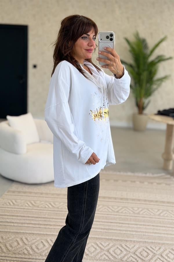 Gold Laklı Kapüşonlu Yıkamalı Sweet Beyaz Renk