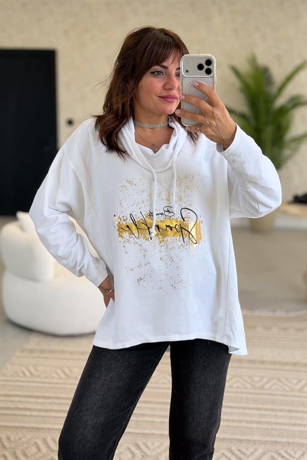 Gold Laklı Kapüşonlu Yıkamalı Sweet Beyaz Renk