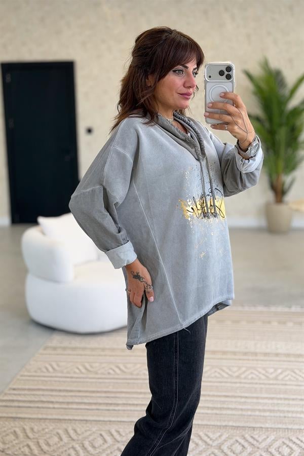 Gold Laklı Kapüşonlu Yıkamalı Sweet Gri Renk