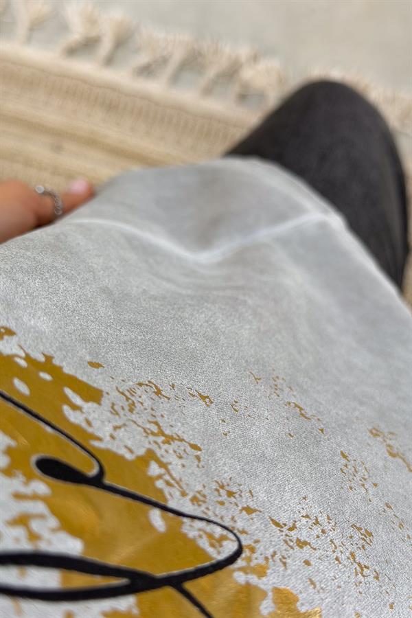 Gold Laklı Kapüşonlu Yıkamalı Sweet Gri Renk