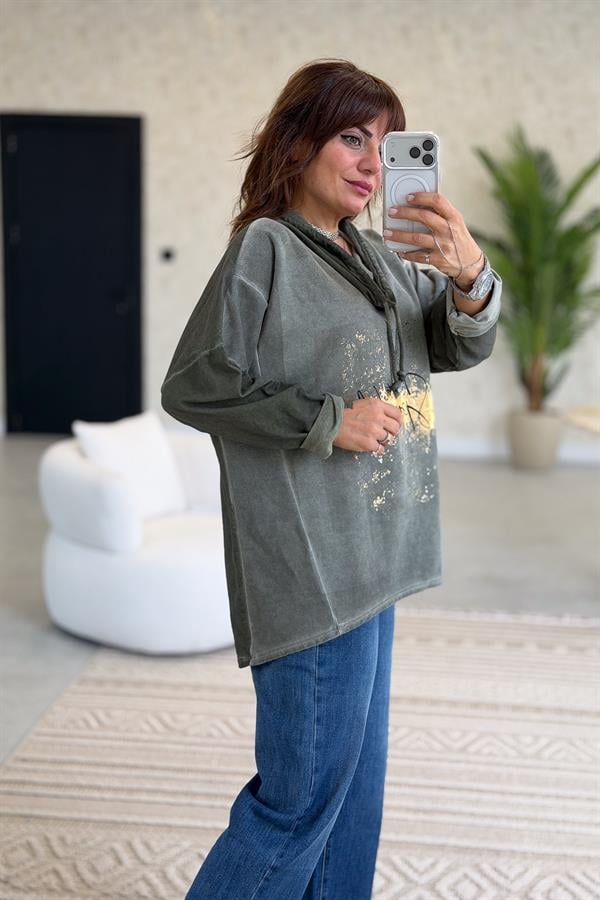 Gold Laklı Kapüşonlu Yıkamalı Sweet Haki Renk