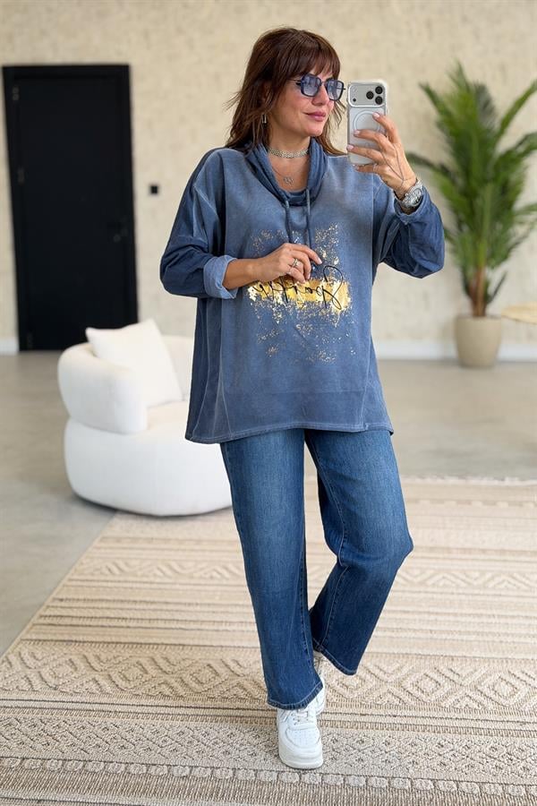 Gold Laklı Kapüşonlu Yıkamalı Sweet İndigo Renk