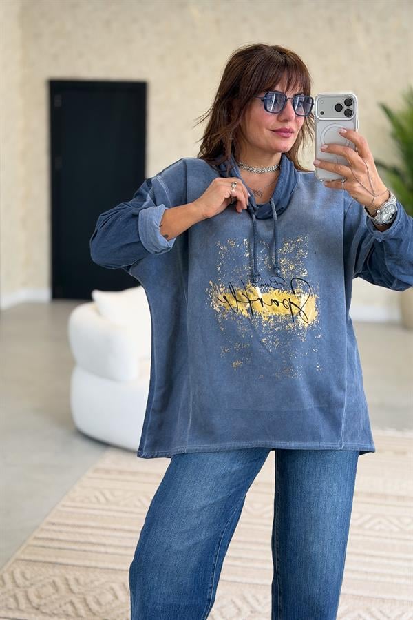 Gold Laklı Kapüşonlu Yıkamalı Sweet İndigo Renk