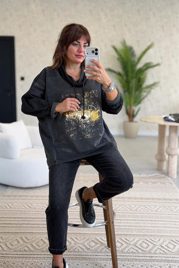 Gold Laklı Kapüşonlu Yıkamalı Sweet Siyah Renk