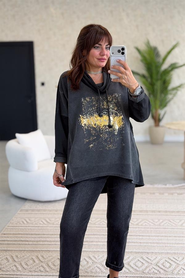 Gold Laklı Kapüşonlu Yıkamalı Sweet Siyah Renk