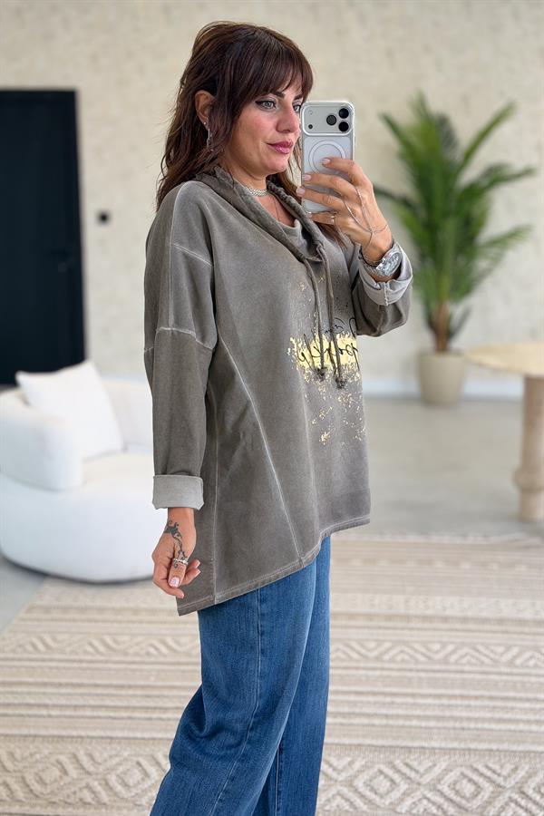 Gold Laklı Kapüşonlu Yıkamalı Sweet Vizon Renk