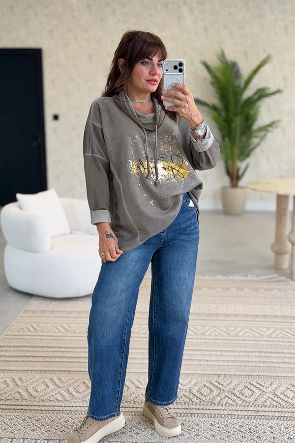 Gold Laklı Kapüşonlu Yıkamalı Sweet Vizon Renk