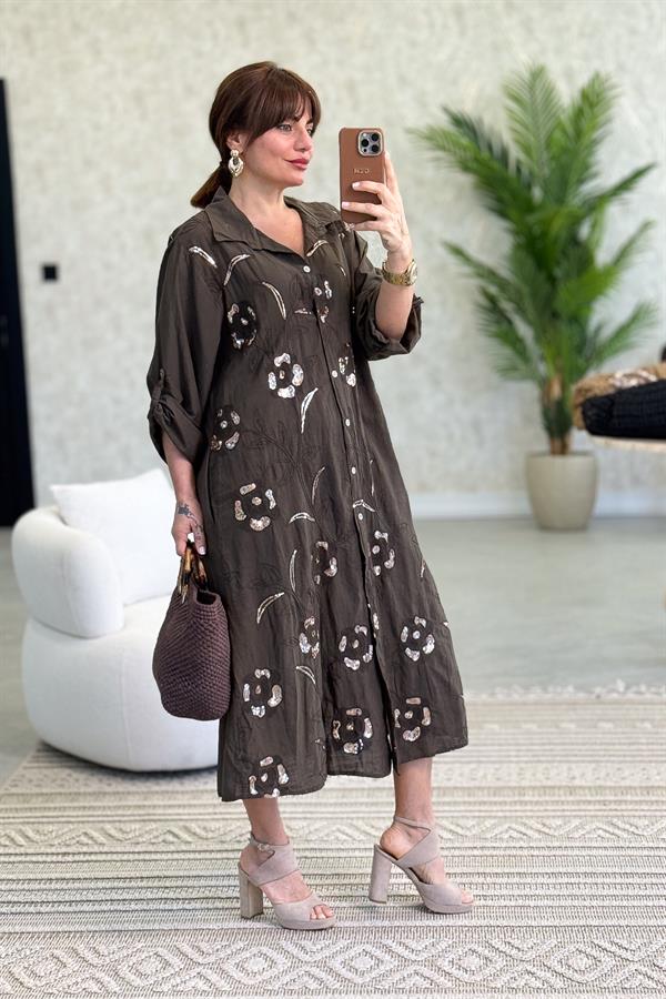 Gold Pul İşlemeli Önden Düğmeli Pamuklu Gömlek Elbise Acı Kahve Renk