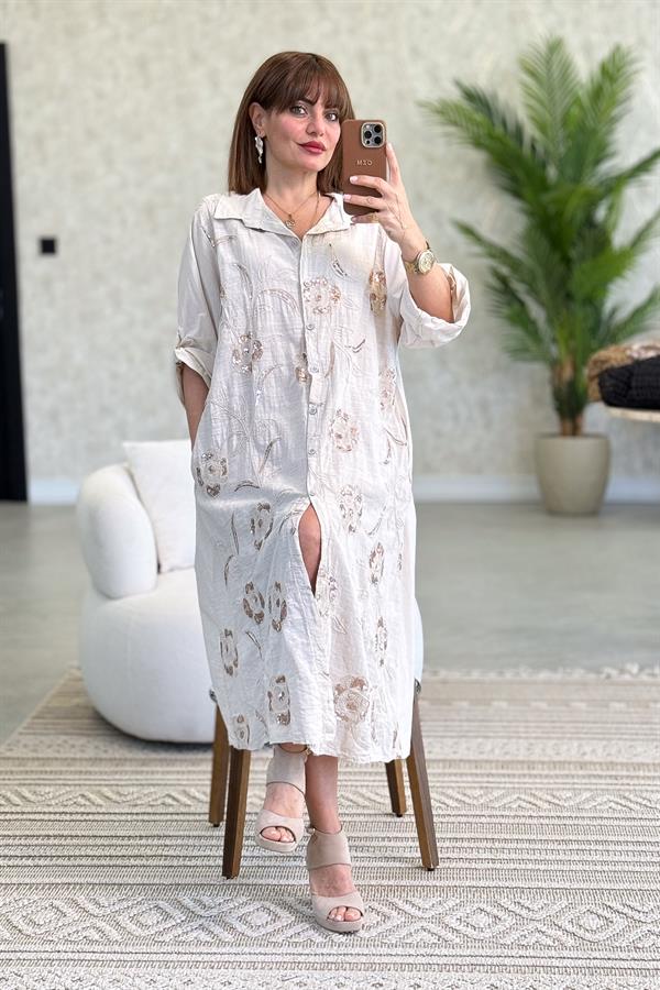 Gold Pul İşlemeli Önden Düğmeli Pamuklu Gömlek Elbise Bej Renk