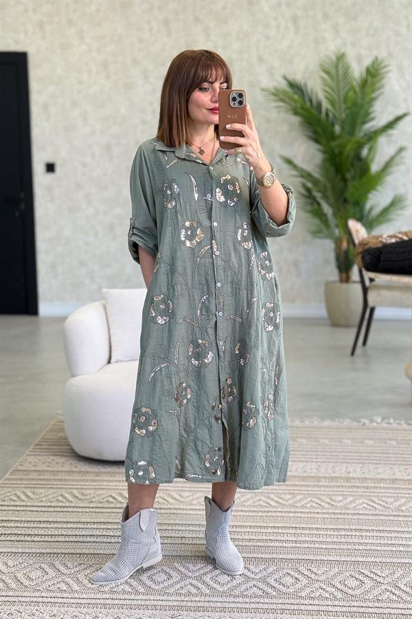 Gold Pul İşlemeli Önden Düğmeli Pamuklu Gömlek Elbise Haki Renk