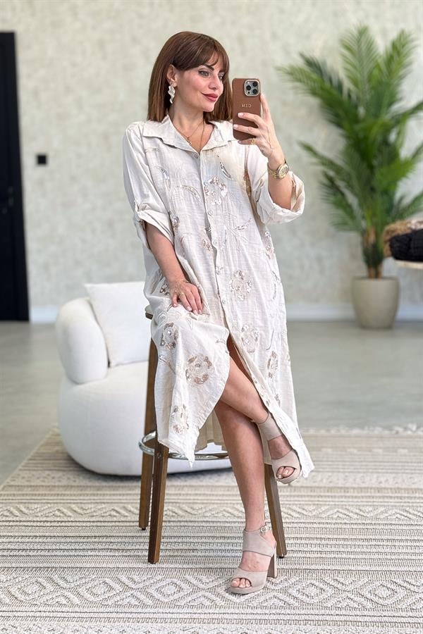 Gold Pul İşlemeli Önden Düğmeli Pamuklu Gömlek Elbise Bej Renk