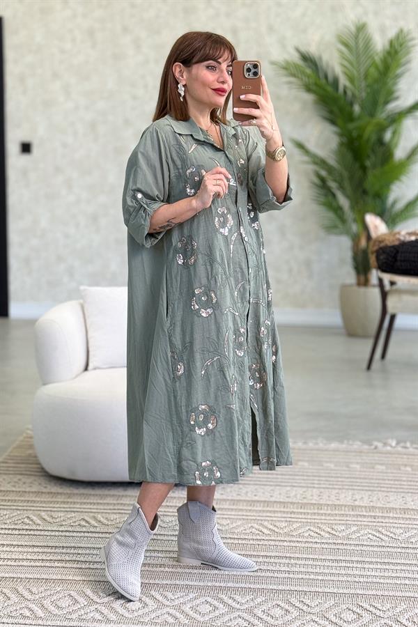 Gold Pul İşlemeli Önden Düğmeli Pamuklu Gömlek Elbise Haki Renk