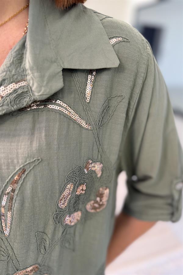 Gold Pul İşlemeli Önden Düğmeli Pamuklu Gömlek Elbise Haki Renk