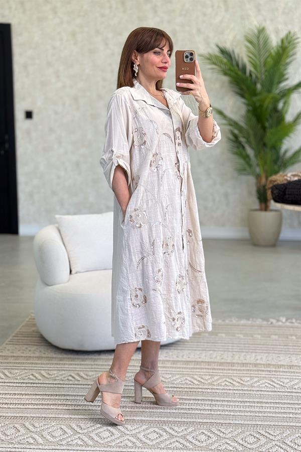 Gold Pul İşlemeli Önden Düğmeli Pamuklu Gömlek Elbise Bej Renk