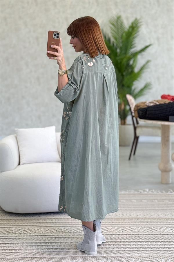 Gold Pul İşlemeli Önden Düğmeli Pamuklu Gömlek Elbise Haki Renk