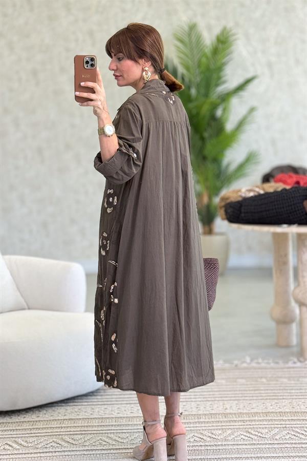 Gold Pul İşlemeli Önden Düğmeli Pamuklu Gömlek Elbise Acı Kahve Renk