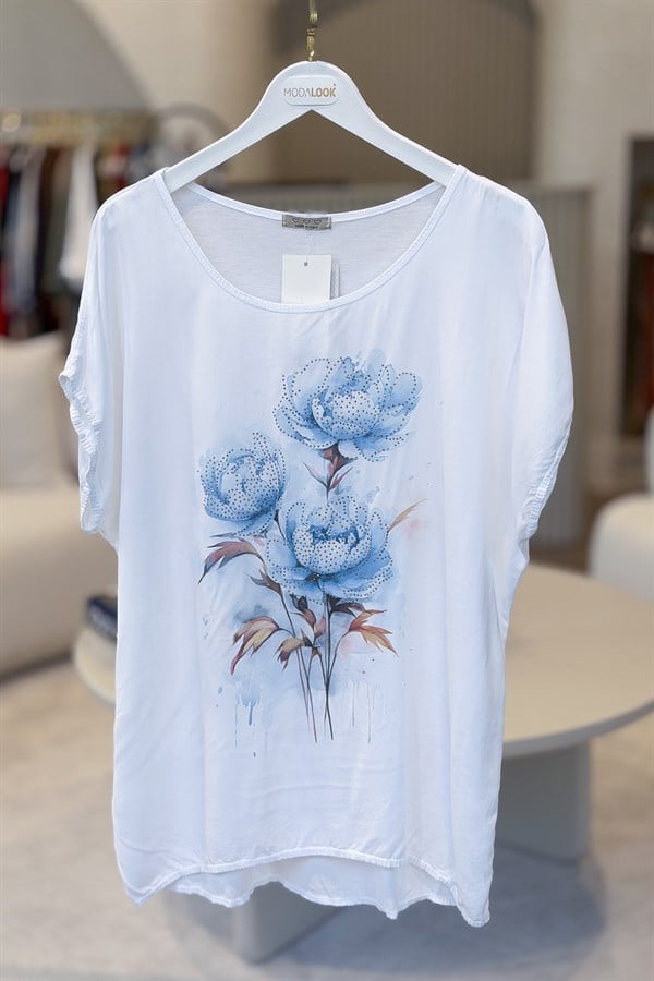 Gül Desenli Viskon Tshirt Mavi RenkBLUZ