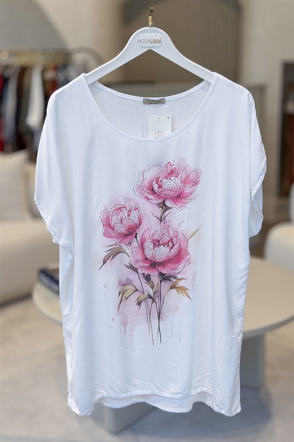 Gül Desenli Viskon Tshirt Pembe RenkBLUZ