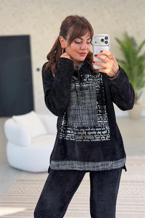 Gümüş Lak Baskılı Desenli Kapüşonlu Alt Üst Kadife Takım Siyah Renk