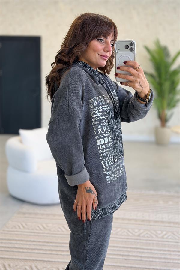 Gümüş Lak Baskılı Desenli Kapüşonlu Alt Üst Kadife Takım Antresit Renk