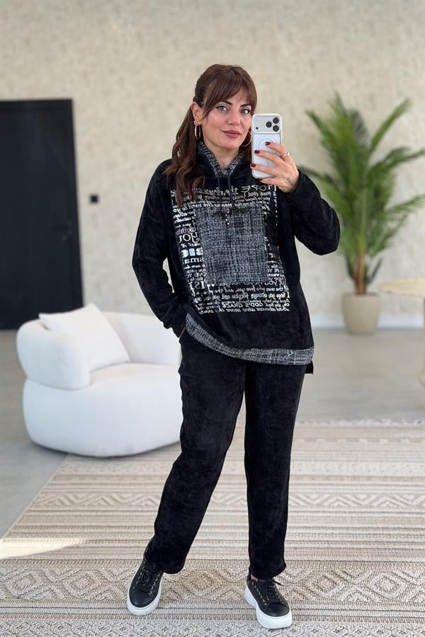 Gümüş Lak Baskılı Desenli Kapüşonlu Alt Üst Kadife Takım Siyah Renk