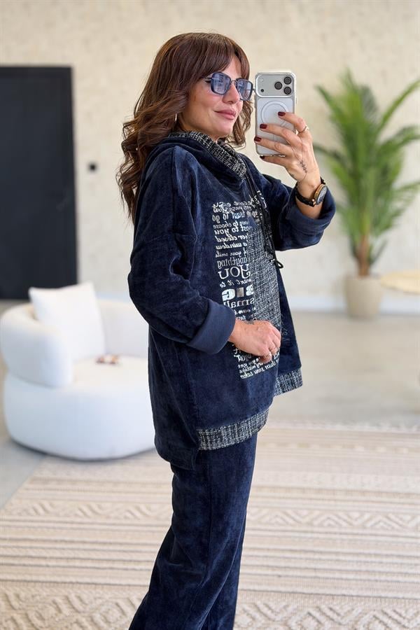 Gümüş Lak Baskılı Desenli Kapüşonlu Alt Üst Kadife Takım Lacivert Renk