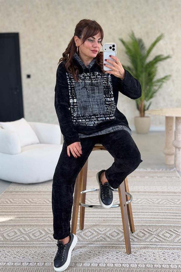 Gümüş Lak Baskılı Desenli Kapüşonlu Alt Üst Kadife Takım Siyah Renk