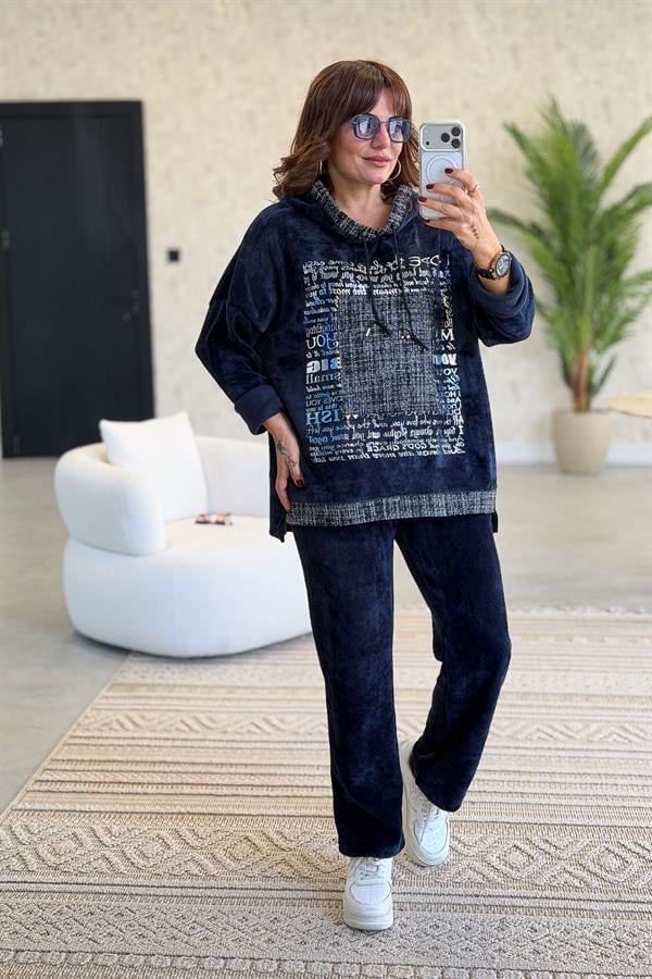 Gümüş Lak Baskılı Desenli Kapüşonlu Alt Üst Kadife Takım Lacivert Renk
