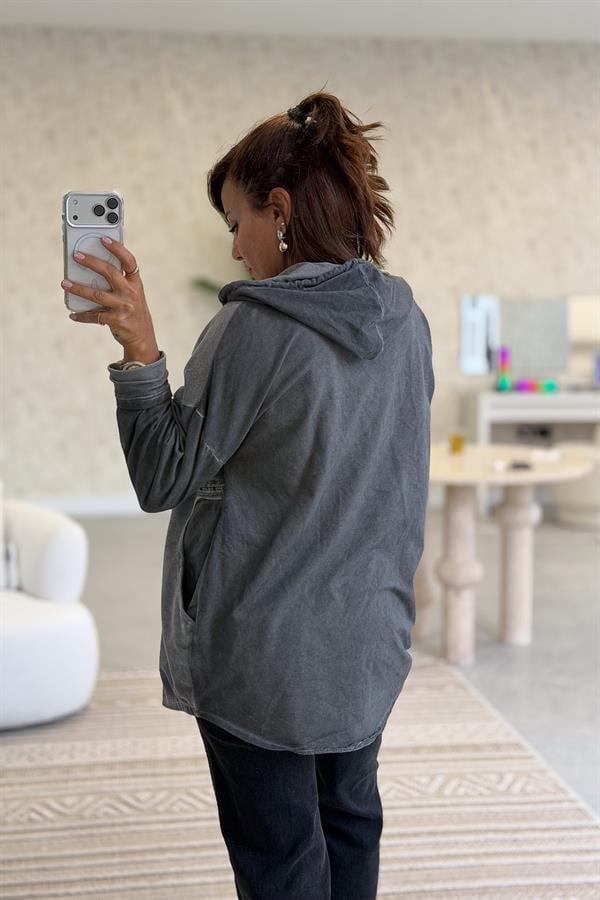 Gümüş Lak Baskılı Kapüşonlu Yıkamalı Sweet Füme Renk