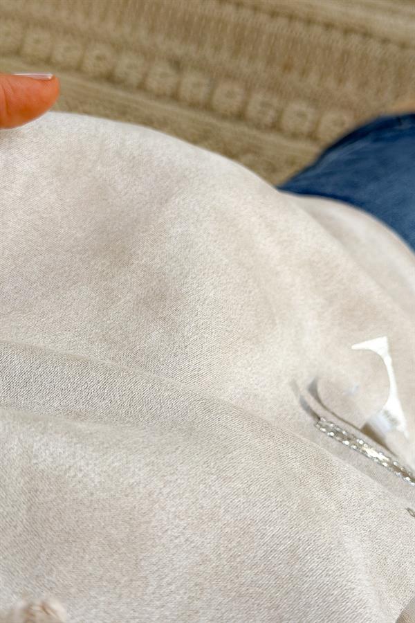 Gümüş Lak Baskılı Kapüşonlu Yıkamalı Sweet Bej Renk