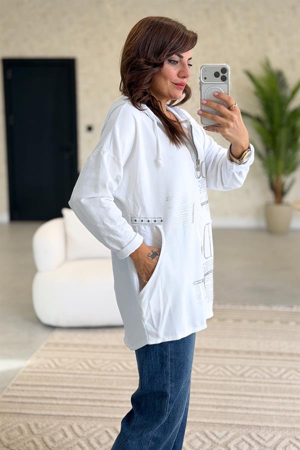 Gümüş Lak Baskılı Kapüşonlu Yıkamalı Sweet Beyaz Renk