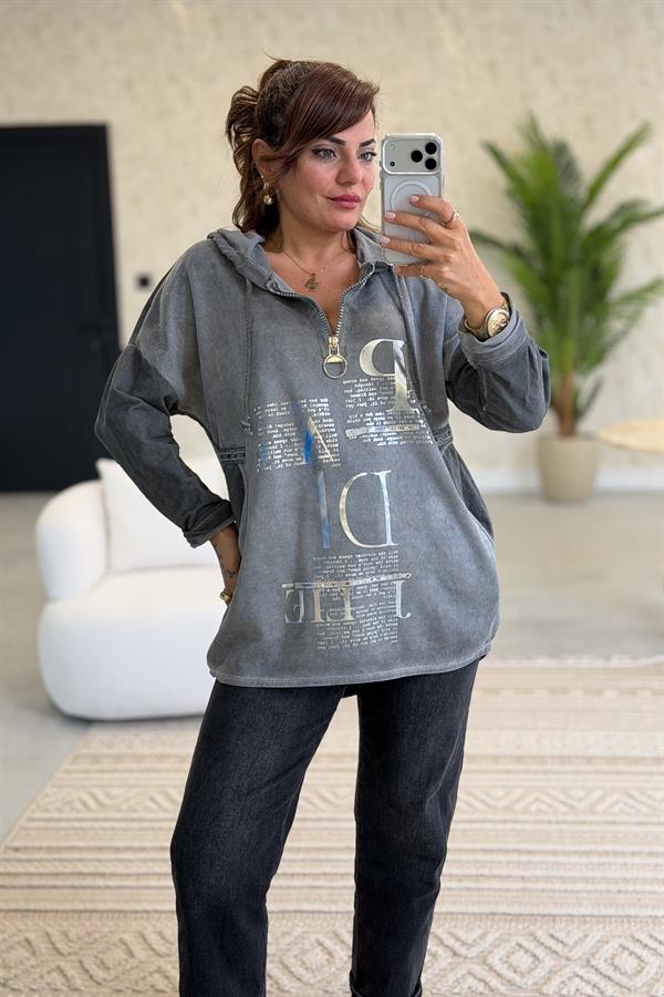 Gümüş Lak Baskılı Kapüşonlu Yıkamalı Sweet Füme Renk