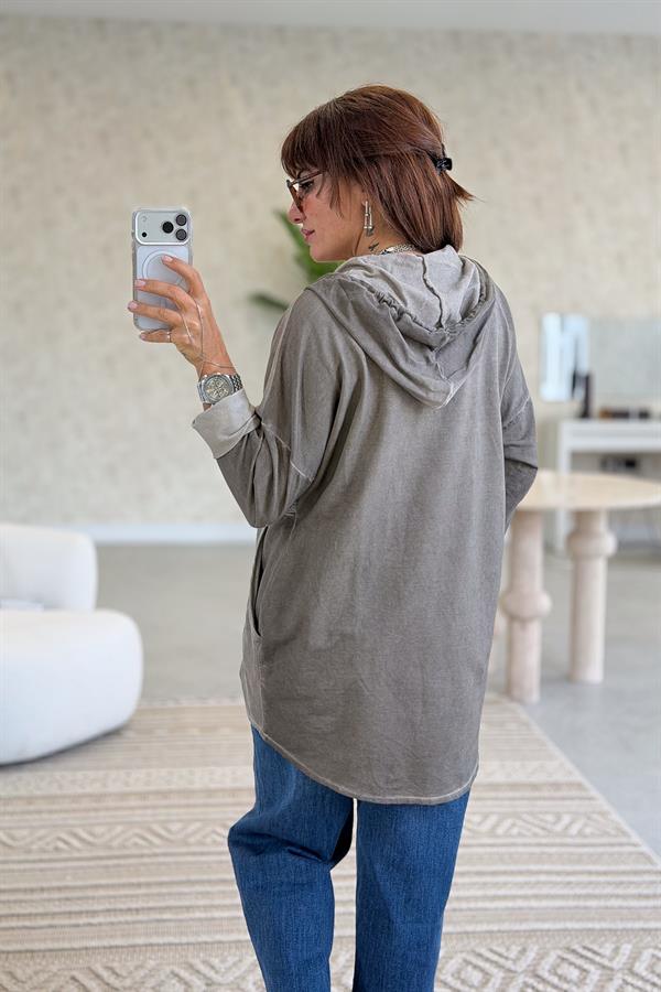 Gümüş Lak Baskılı Kapüşonlu Yıkamalı Sweet Vizon Renk