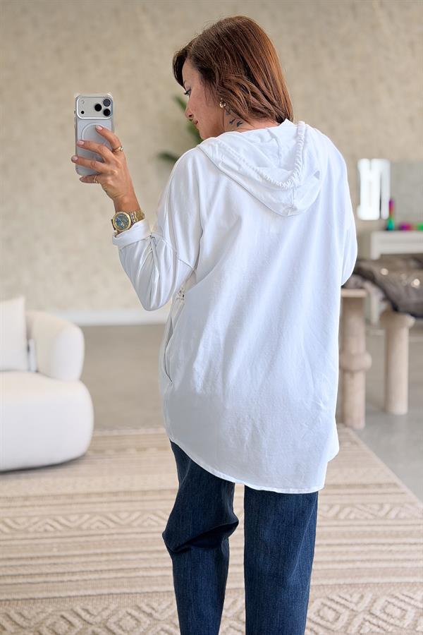 Gümüş Lak Baskılı Kapüşonlu Yıkamalı Sweet Beyaz Renk