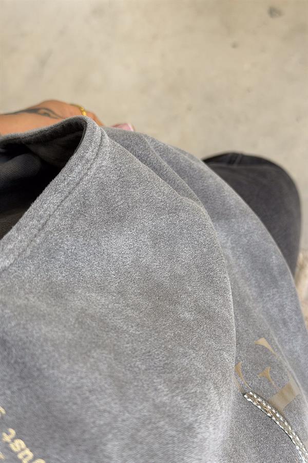 Gümüş Lak Baskılı Kapüşonlu Yıkamalı Sweet Füme Renk