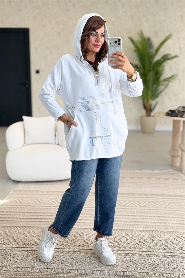 Gümüş Lak Baskılı Kapüşonlu Yıkamalı Sweet Beyaz Renk