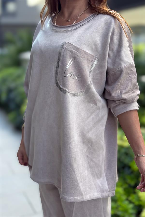 Gümüş Lak Detaylı Güderi Alt Üst Takım Taş Renk