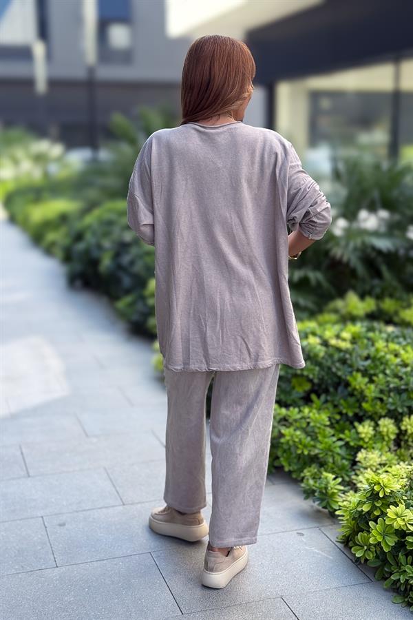 Gümüş Lak Detaylı Güderi Alt Üst Takım Taş Renk